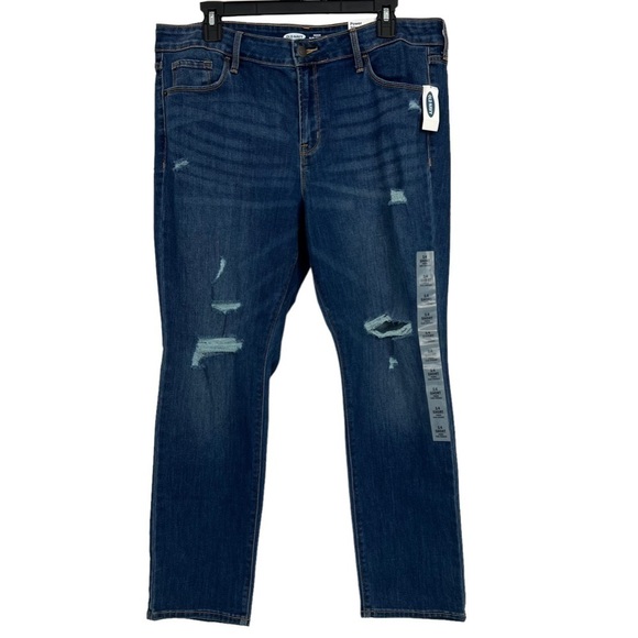 NWT Old Navy Women Power Slim Straight Blue Jeans Sz 14 Short Distressed Stretch - Picture 1 of 16